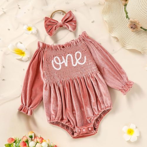 GRNSHTS Baby Girl First Birthday Clothes Velvet One Year Old Romper Long Sleeve Bodysuit+Headband 2Pcs Cake Smash Outfits2