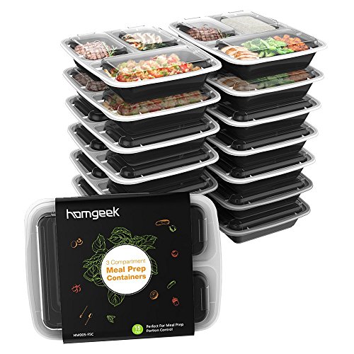 Homgeek (Paquete de 15) Contenedores de Alimentos con 3 Preparaciones de Comida Prep, sin BPA, para Lavavajillas, Congelador, Microondas, Reutilizables