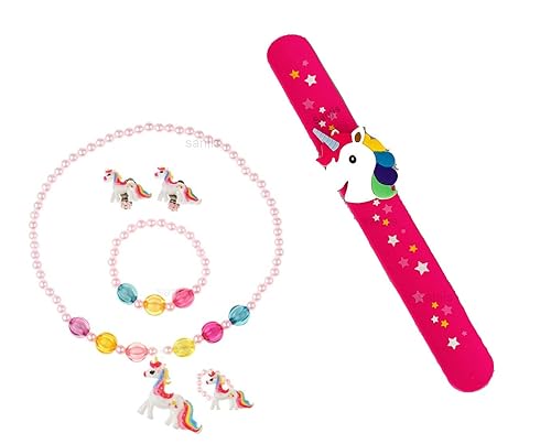Sanjis Enterprise combo of 2: unicorn kid?s jewellery set | unicorn slap band birthday Return Gift for Kids(Random color)