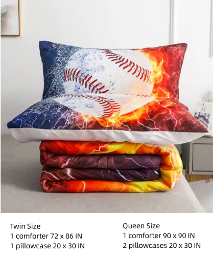 Roscloud Sports Baseball Comforter Sets Queen Full Size Bed Set- 3Pc Ice Flame Galaxy Baseball Boys Quilt Bedspread Bedding Set（Comforter X 1 Pillowcases X 2） #TOP1