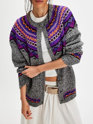 Women Floral Cardigan Sweater Vintage Button Down Crew Neck Knitted Sweaters Y2k Drop Shoulder Colorful Oversized Top3