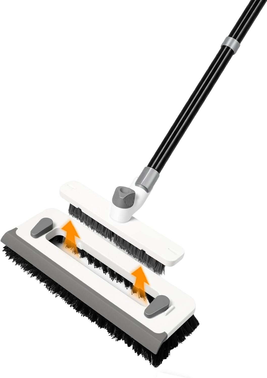 3 in 1 Floor Scrub Brush with Long Handle 55" Push Broom Stiff Bristle Scrubber Brush Squeegee Scrape & Detachable V-Grout Brush for Bathroom Kitchen Tile Deck Patio Garage Concrete Wall Cleaning Tool