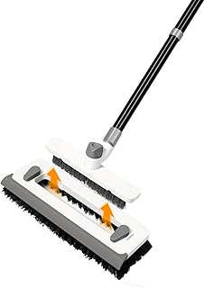 Escova 3 em 1 para esfregar o chão com cabo longo de 55 polegadas, vassoura de pressão de cerdas rígidas, ferramenta de limpeza de paredes de concreto e escova de argamassa em V removível para casa de banho