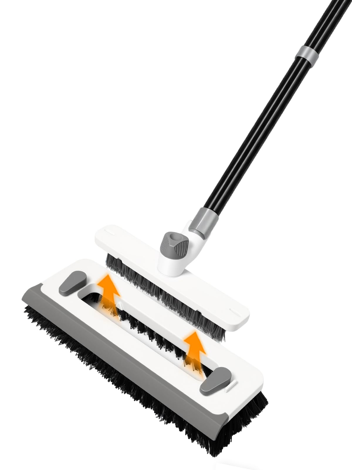 Transonteda Grey 3 In 1 Floor Scrub Brush With Long Handle 55" Push Broom Stiff Bristle Scrubber Tool Squeegee Scrape & Detachable V-Grout Brush For Bathroom Kitchen Tile Deck Patio Garage Concrete Wall Cleaning Tool