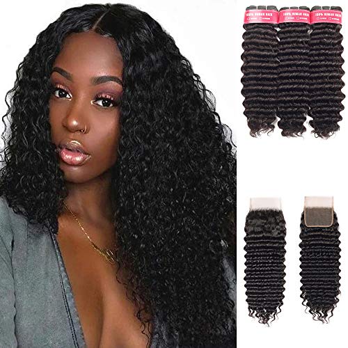 Beaudiva Hair Deep Wave Bundles with Closure（12 14 16+10inch）, 9A Brazilian Virgin Hair Deep Weave 100% Unprocessed Human Hair With 4×4 Free Part Lace Closure