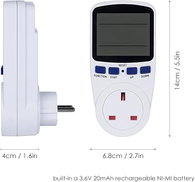 Electricity Usage Meter LCD Display Electricity Usage Power Meter Socket Energy Watt Volt Amps Wattage KWH Consumption Analyzer Monitor Outlet- AC230V~250V