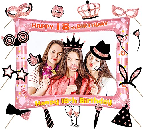 Marco cumpleaños para cabina fotos, marco fotos inflable 18 oro rosa, accesorios para cajas fotos cumpleaños, accesorios para fotos fiestas, marco para selfies fiestas, decoraciones festivas (18) Cover