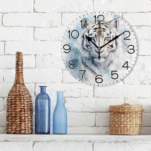 Horloge murale à quartz analogique tigre blanc déco rétro rustique