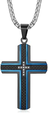Mens Stainless Steel Cross Necklace,Two-Tone Black & Blue Carbon Fiber Pendant - Included Gift Box
