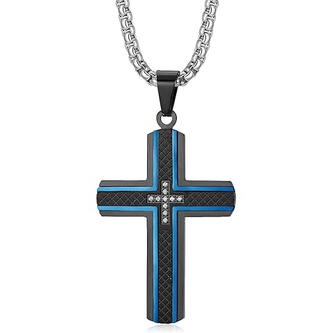 Men's Stainless Steel Cross Necklace,Two-Tone Black & Blue Carbon Fiber Pendant - I...