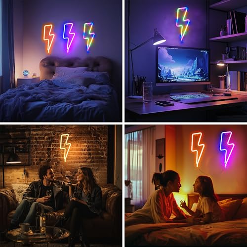 Image of 3 Pack Lightning Neon Sign Wall Decor,USB&Battery Powered LED Bolt Game Neon Light for Teen Girl Kid's Bedroom, Bar, Aesthetic,Christmas,Gaming Room, Party, Home, Wedding Party