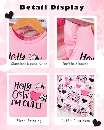 PaPaai Sara Toddler Baby Girl Clothes 2T Girls Clothes Infant Girl Outfits 18-24 Months Summer Spring Outfit Short Set Cute Pink Holy Cow Girl T-shirt + Shorts 2PCS Clothing Set - Thumbnail 5
