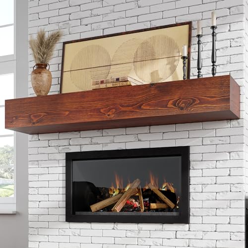Image of Fireplace Mantel - Floating Mantel Shelf, Wood Mantels for Over Fireplace, Wall-Mounted Mantels, Weight Capacity 60lbs, 60 X 9 X 6 inch, Brown