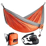 HONEST OUTFITTERS Double Camping Hammock with Hammock Tree Straps,Portable Parachute Nylon Hammock for Backpacking Travel 118L x 78W Inches Orange/Grey
