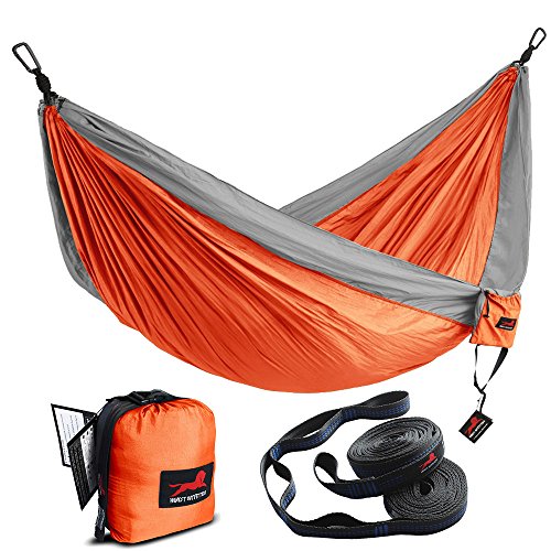 HONEST OUTFITTERS Double Camping Hammock with Hammock Tree Straps,Portable Parachute Nylon Hammock for Backpacking Travel 118L x 78W Inches Orange/Grey