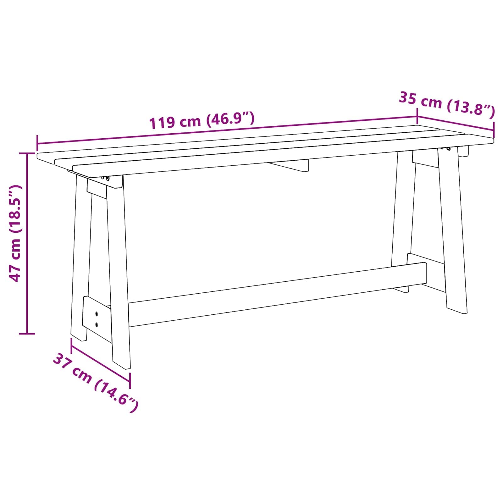 vidaXL Banco de Exterior Marrón 119 x 37 x 47 cm Madera de Pino Macizo | Madera maciza de acacia de calidad, Acabado pulido que brilla, Caben 3 personas sin problema, perfecto para relajarse