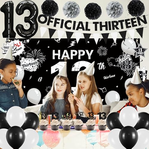 Holkcog Happy 13th Birthday Decoration for Boys Girls, Black Official Teenager Party Supply, Black 13th Number Balloons & Cupcake Topper, Glitter Cool 13 Hanging Swirl, 13 Years Old Birthday Decor by Holkcog - Used condition - Image 4