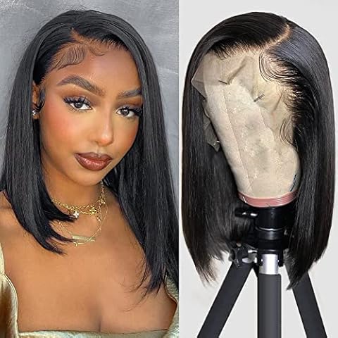 Flady 12 inch Straight Bob Wig Human Hair 13x4 HD Frontal Lace Wig Short Bob Wigs for Women Glueless Bob Lace Front Wigs Human Hair Pre Plucked 150% Density Natural Black Color Cover