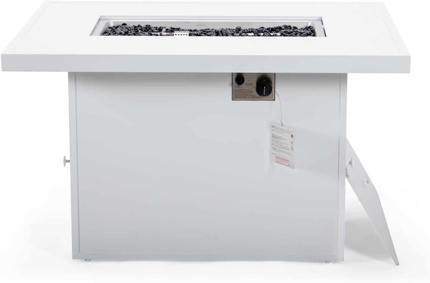 LeisureMod Chelsea Propane Fire Pit 44 Inch 55,000 BTU Auto-Ignition Gas Fire Pit Table with lid, Wind Guard and Decorative Stones Aluminum Frame (White)