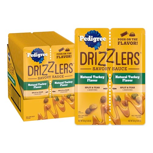 Image of Pedigree Drizzlers Savory Sauce Wet Dog Pouch, Turkey Flavor, 22 Count | Only 4 calories per serving, 8 ingredients, dual-serving split pouch, no artificial flavors, maintains kibble crunch