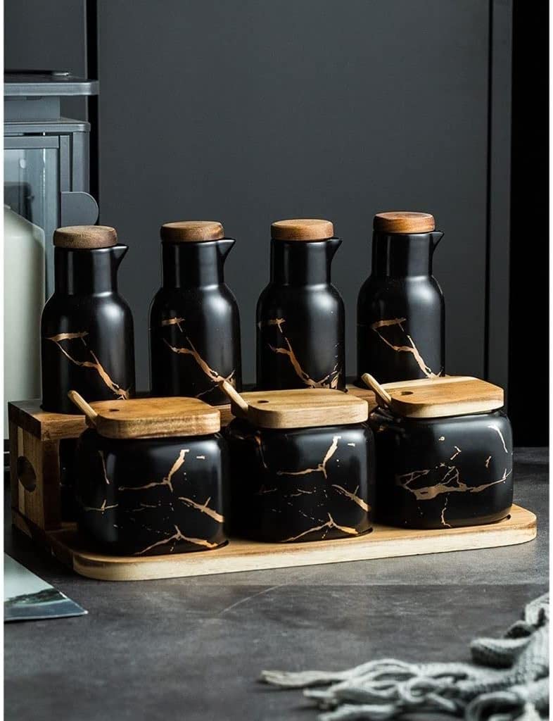 Gewürze Aufbewahrung Gewürzbehälter-Set, Gewürztopf, Gewürztopf, Keramik-Gewürzbox-Set Mit Löffelabdeckung Für Die Küche Zu Hause Gewurzglaeser Gewürzglas(Black)