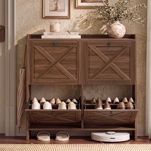 VASAGLE Narrow Shoe Storage Cabinet Organizer with 4 Flip Drawers