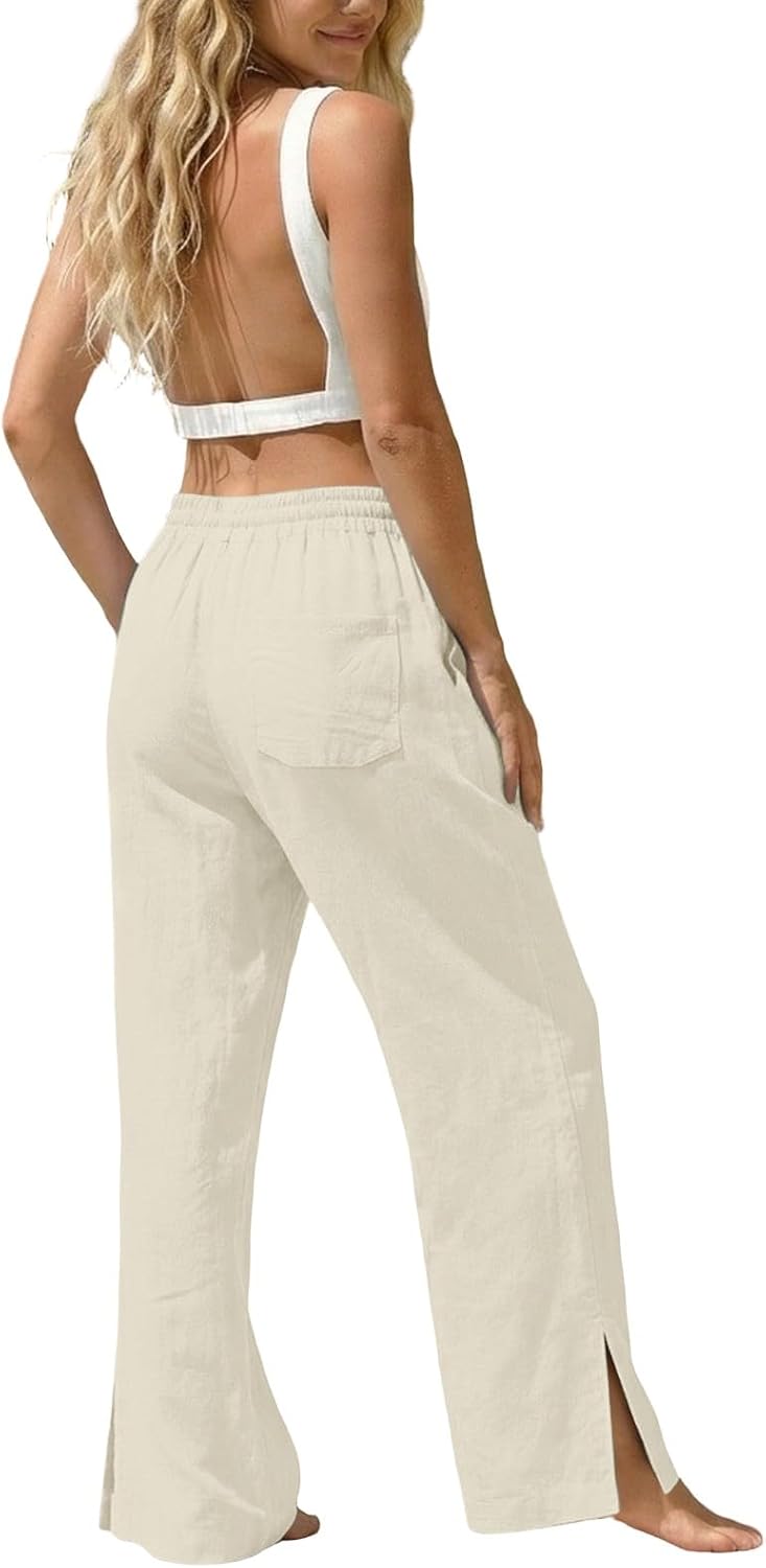 Womens Palazzo Pants Summer Fashion High Waisted Wide Leg Drawstring Side Slit Flowy Beach Trousers with Pockets