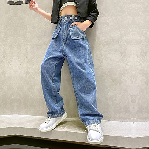FEESHOW Girls High Waist Loose Fit Jeans Kids Casual Wide Leg Hip Hop Denim Pants Baggy Trousers4