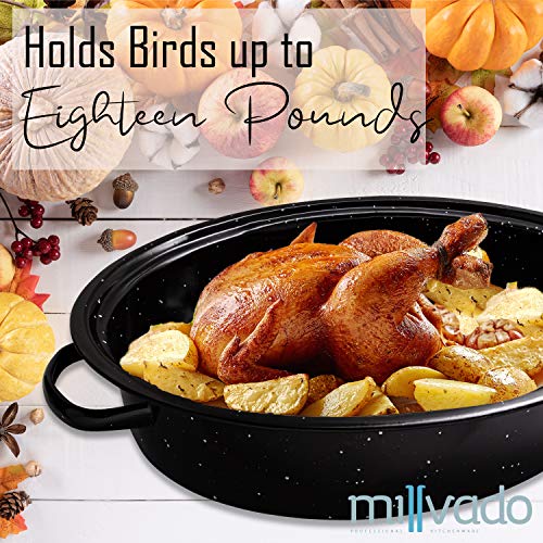 Millvado Roasting Pan With Lid, Turkey Roaster Pan, Extra Large 18 Lb Capacity, 18" Granite Oven Roaster Oval Shaped Speckled Enamel On Steel Cookware #TOP1