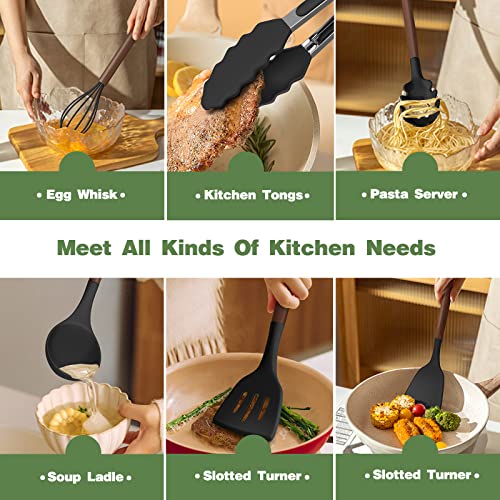 33 Pcs Silicone Kitchen Utensils Set, Kitchen Cooking Utensils Set With Black Natural Walnut Hard Wood Handle, Silicone Utensils Set With Holder, Heat Resistant, Bpa Free, Non Toxic, Black #TOP2