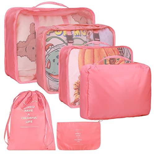 kingdalux 6 Set Packing Cubes for Suitcases, Pink Travel Luggage Packing Organizers with Laundry Bag, Compression Storage Shoe Bag, Clothing Underwear Bag, for Man & Women