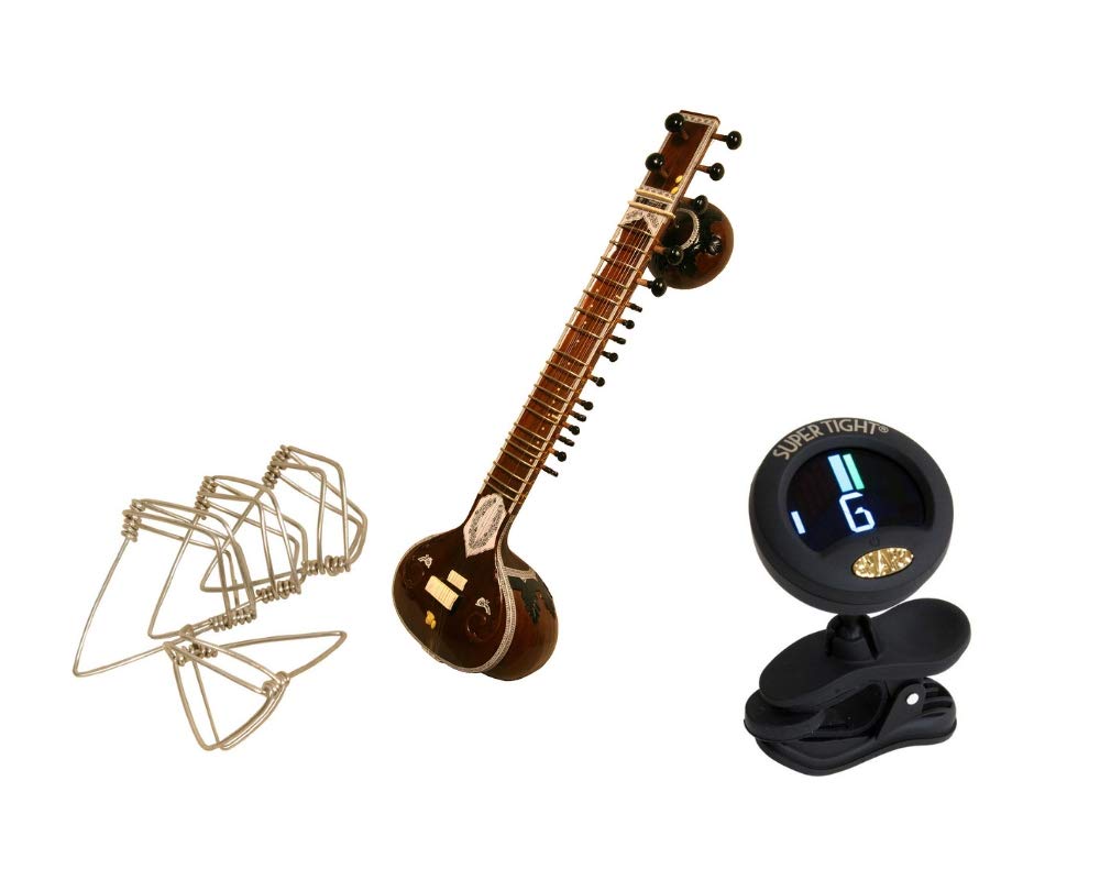 Sitar Package Includes: Fancy Professional, G Rosul w/Gig Bag & Extras + Clip-On ChromaticTuner & Mizrabs Picks Sitar Large, Pack Of 4