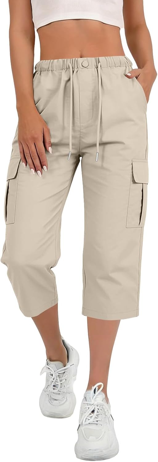 Cargo Capris for Women Hiking Pants Casual Summer Quick Dry Outdoor Travel Pull On Capri High Waist Pants with Pockets