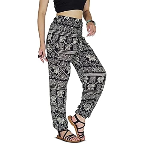 Your Cozy Women Harem Pant Boho Genie Aladdin Smocked Waist Yoga Trousers (Black1 2XL) Cover
