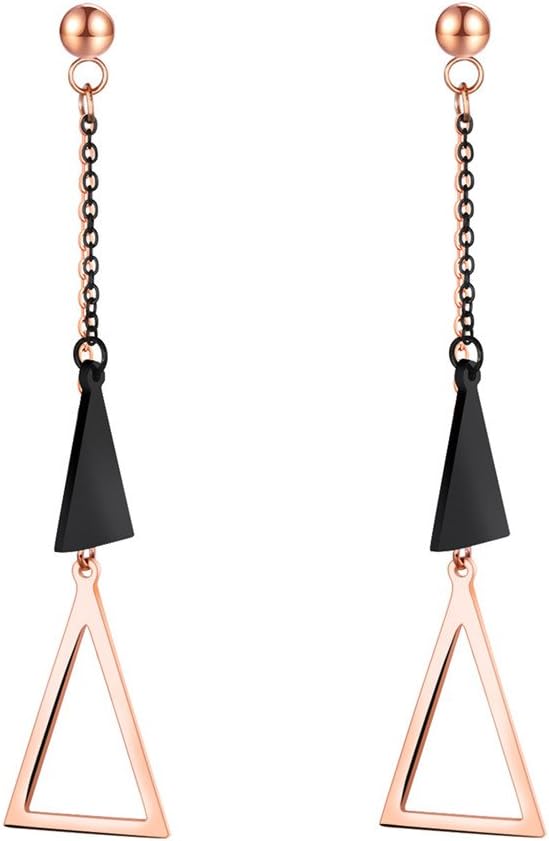 Titanium Steel Rose Gold Plated Hollow Triangle Tassel Black Triangle Ball Ear Stud Dangle Earrings