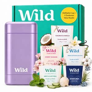 Wild Aluminum Free Natural Deodorant Ultimate Starter Kit - Purple Case - Natural Ingredients & 24 Hour Odor Protection - Women's - Variety of Scents - Case + 5 Refills