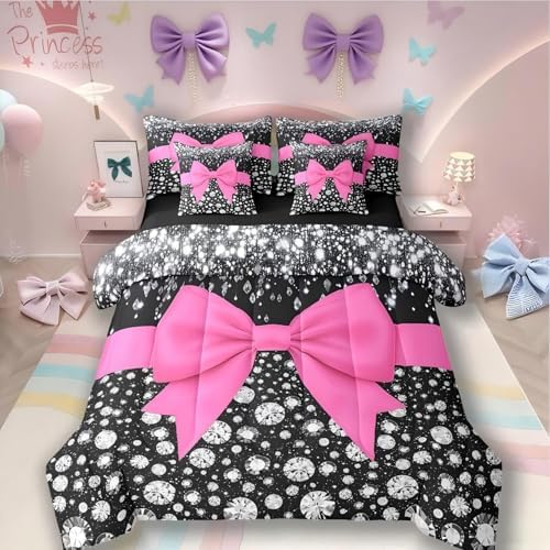 Hot Pink Bowknot Bed in a Bag Queen Comforter Set 7 Piece,Cute Bow Knot Sheet Se