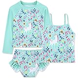 swimsobo Girls Unicorn Bathing Suits Kids Size 7 8 Years UPF Green Rash Guard Long Sleeve Swimsuit 3-Piece Tankini Sets Swimwear for Swimming Child