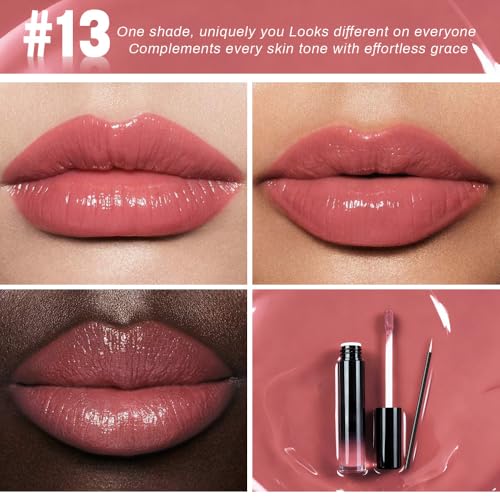 Image of evpct Rose Mauve Nude Shiny Longwear No-Budge Liquid Lip Color Lipstick Makeup, Highly Pigmented Color Instant Shine, Waterproof Long Lasting Lipstick for Women, Lip Stain Gloss Lip Liner Brush, 13#