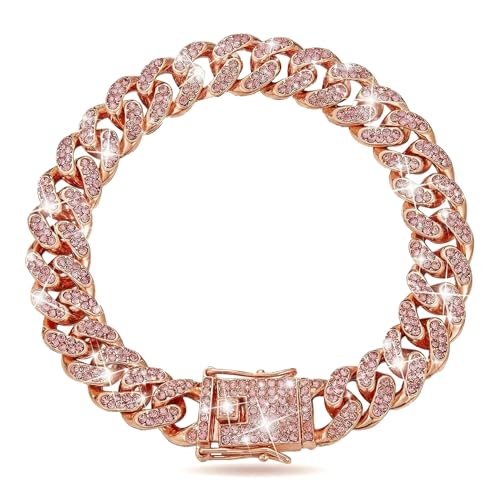 Image of Dog Chain Diamond Collar Walking Metal Chain Collar with Design Secure Buckle, Pet Collar Jewelry Accessories for Small Medium Large Dogs Cats (Rose Gold, 22 Inch)