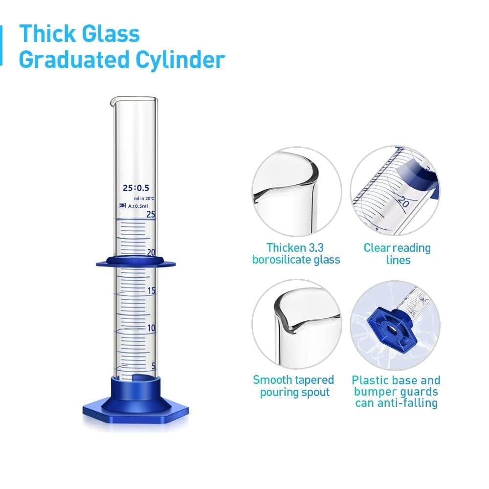 Probeta de Laboratorio para Ciencias, Juego de Cilindros graduados de Vidrio de borosilicato con Cepillo, 5-250 ml(10 pcs 25ML)
