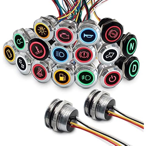 FILN 2Pcs 19MM 12V 24V Red Yellow White 3 Colors 12v led Indicator Light Symbol Pilot Signal lamp with Metal Panel Lights ([Red/Yellow/White]/2 Pcs, Brass Nickel Plated) Cover