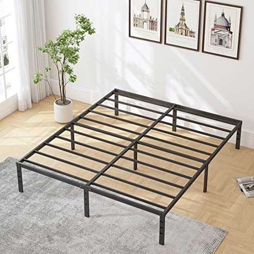 Hobinche 18 Inch Metal Bed Frame Queen Size No Box Spring Needed - Easy Assembly Heavy Duty Noise Free Narrow Bedframes - Double Black Basic Anti Squeak Steel Slats Platform With Storage #TOP5