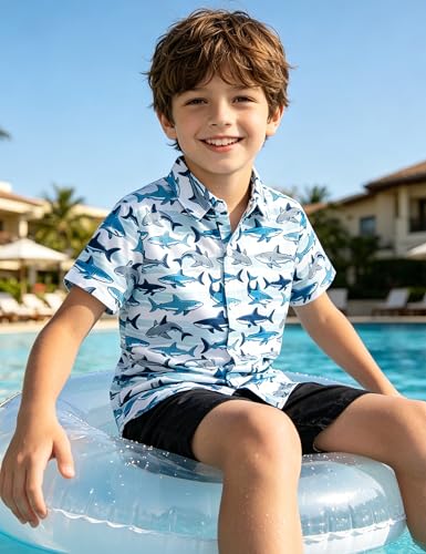 Image of Boys Hawaiian Shirt Kids Button Down Aloha Beach Hawaii Tops 5-14Y | Quick Dry, Breathable, Cooling & Lightweight, For Summer Vacation Holiday, Fourth of July, Youth, Teen, Shark, Dinosaur