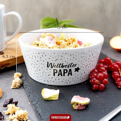Papierdrachen Müslischale Porzellan - Weltbester Papa - Weiß Schwarz - 15cm - Mit Innendruck - Geschenk Vatertag Ostern - Frühstücksschüssel für Eltern