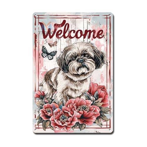 Ymyoo Decorative Tin Sign Vintage Wall Art Cute Shih Tzu Welcome with Chinese Peonies for Home Entries Shih Tzu Enthusiast Areas Easy Install Corrosion Resistant Aluminum 12×16 Inches