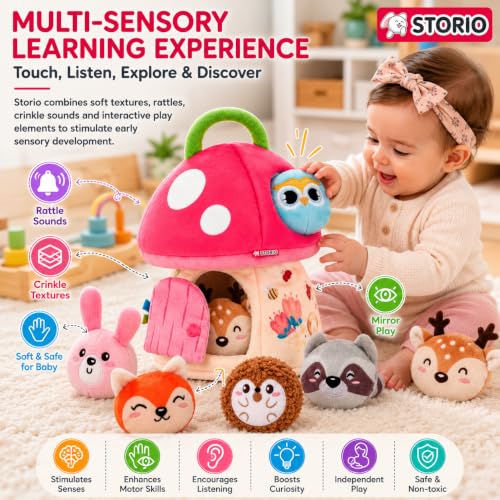 Image of Storio Mushroom House Plush Toy Set with 6 Stuffed Animals, Sensory Soft Toys for Babies & Toddlers, Fill and Dump Activity Toy, Travel Carry Case, Learning Toy for Kids 6 Months+