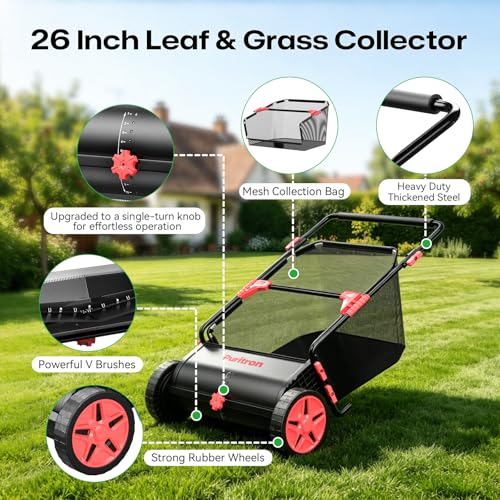 Puritron Push Lawn Sweeper, 26 Inch Leaf & Grass Collector, Strong Rubber Wheels & Heavy Duty Thickened Steel Durable to Use with Large Capacity 7 ft³ Mesh Collection Bag, 4 Spinning Brushes - Thumbnail 6