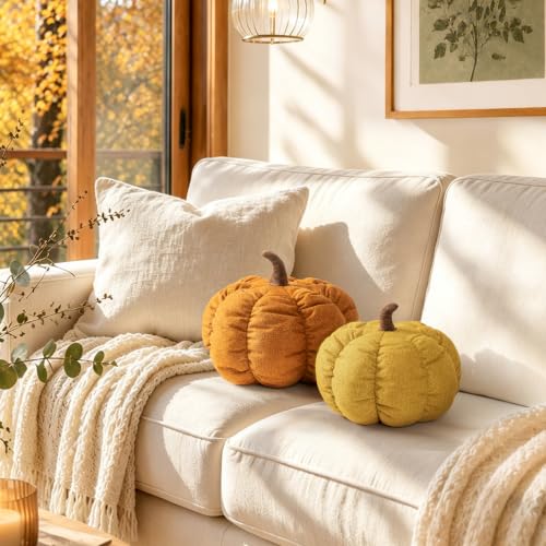 AELS Pumpkin Throw Pillows Set of 2, 14" & 10" Textured Fall Decorative Pillows, 3D Pumpkin Cushion for Couch Sofa Bed, Farmhouse Thanksgiving Halloween Home Decor, Burnt Orange & Mustard by AELS - Used condition - Image 5
