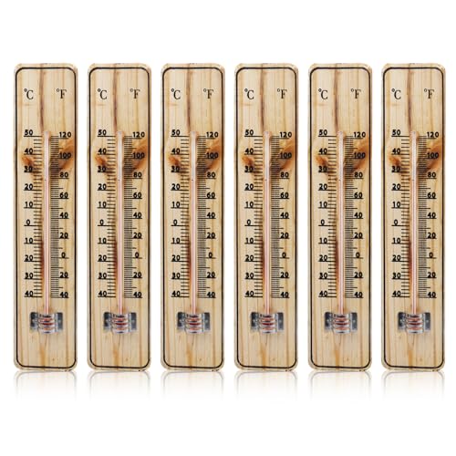 6 Stück Holz Raumthermometer Innen Analog, Thermometer Aussen -40 bis +50°C, Außenthermometer Zimmerthermometer für Zimmer Garten Balkon Terrasse